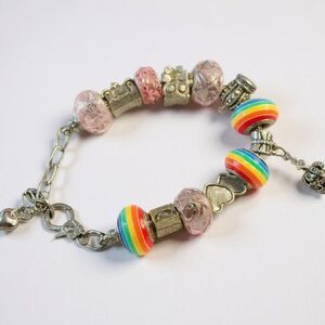 Rainbow & Pink Charm Bracelet with 10 add beads and charms